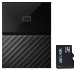 WD My Passport External drive and a SanDisk memory card