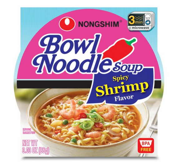 Nongshim 12 Bowl Noodle Spicy Shrimp Ramyun Ramen  Bowl, 3.03oz each