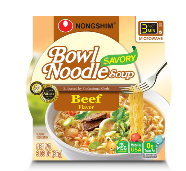 Nongshim 12 ct.Bowl Noodle Savory Beef Ramyun Ramen Soup, 3.03oz each