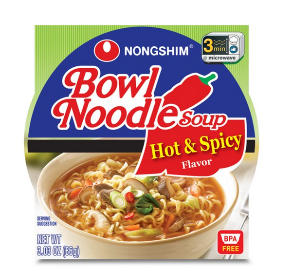 Nongshim 12 ct.Bowl Noodle Savory Hot & Spicy Beef Ramyun Ramen Soup, 3.03oz each