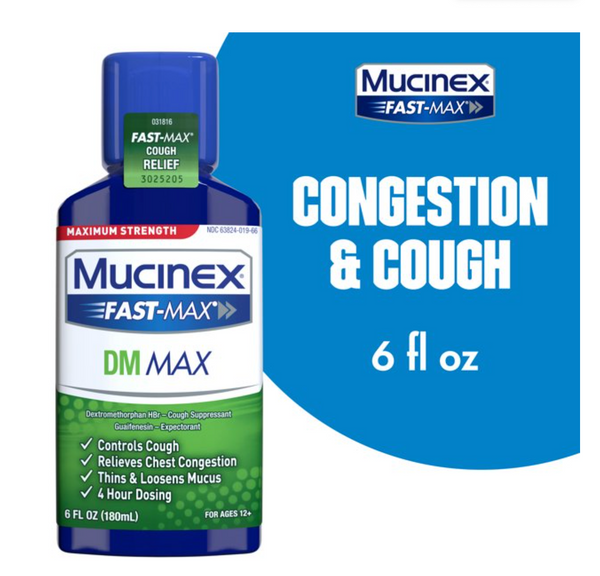 Mucinex Fast-Max Maximum Strength DM MAX, Symptom Relief, Cough Suppressant, Expectorant, 6 FL OZ
