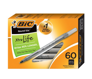 BIC Round Stic Xtra Life Ball Pen, Classic Medium Point (1.0mm), Black - Box of 60