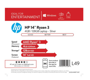 HP 14" FHD, AMD Ryzen 3-3250U, 4GB RAM, 1TB HDD, Silver