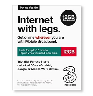 Three UK Pay As You Go 12 GB Data Sim  (12 month Validity)