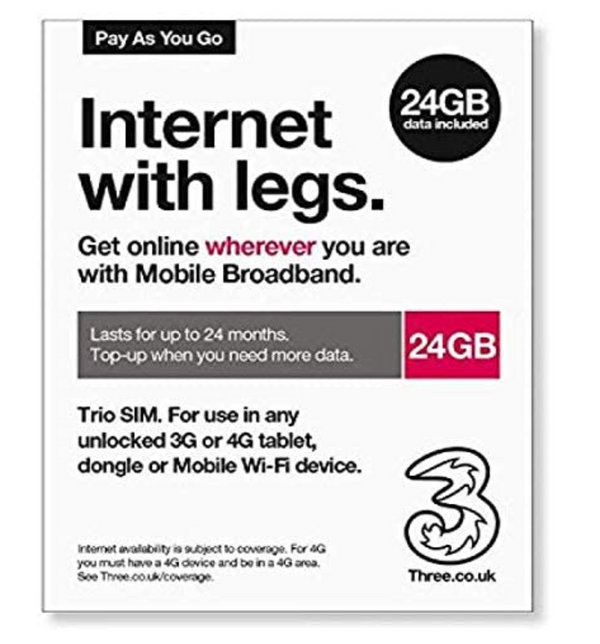 Three UK Pay As You Go 24 GB Data Sim (24 month Validity)