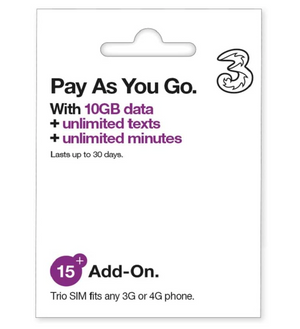 Three UK Pay As You Go 10 GB Data Sim (1 month Validity)