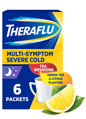Theraflu Nighttime Severe Cold Relief Powder, Green Tea and Citrus, 6 Count