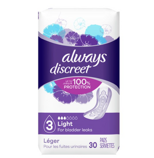 Always Discreet Women's Incontinence Pads, Light Absorbency, 30 Count