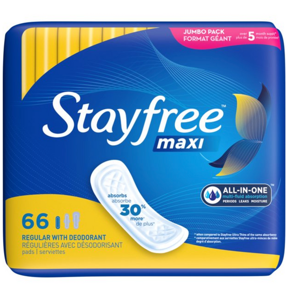 Stayfree Maxi Pads Wingless, Scented, Regular, 66 Ct