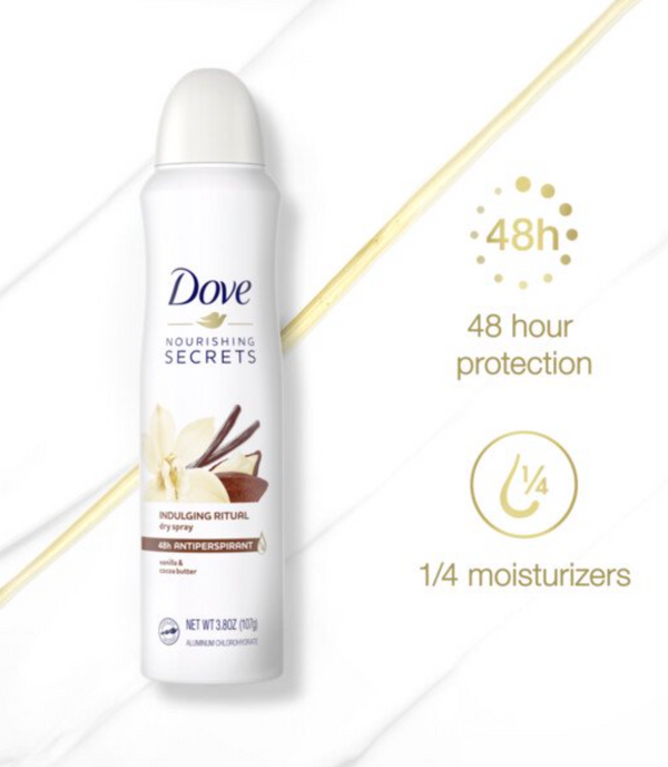 Dove Nourishing Secrets Dry Spray Antiperspirant Deodorant Vanilla & Cocoa Butter, 3.8 Oz.