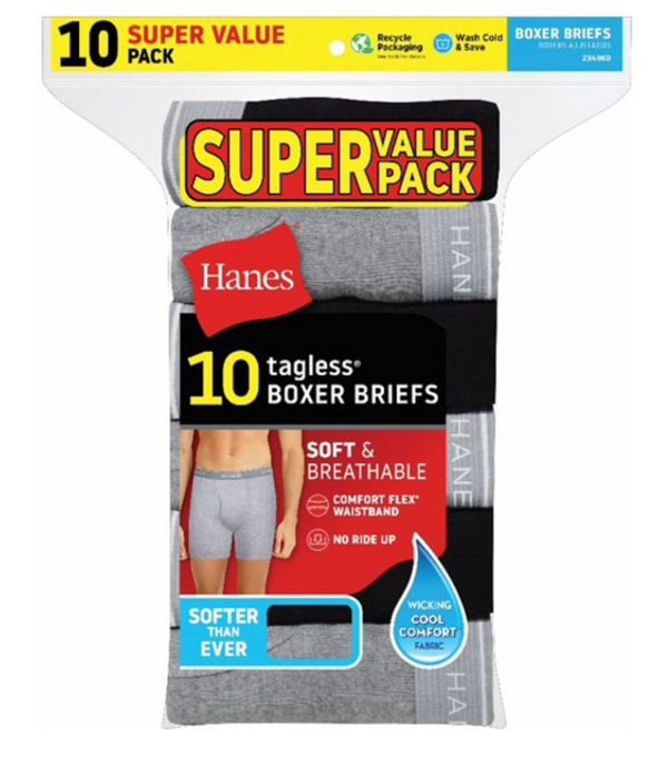 Hanes Men's Super Value Pack Black/Grey Boxer Briefs, 10 Pack