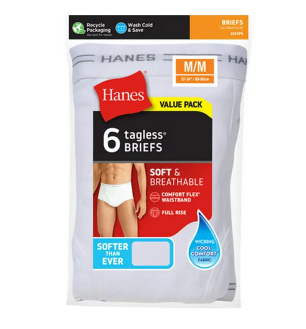 Hanes Men's Value Pack White Briefs, 6 Pack
