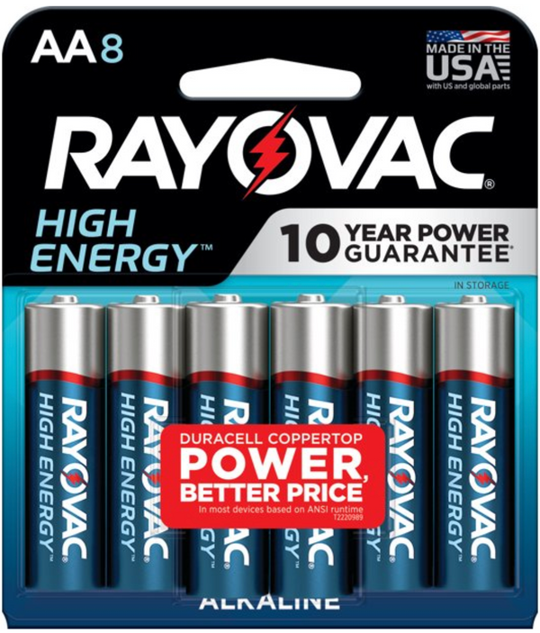 Rayovac High Energy AA 1.5V Alkaline Batteries, 8 count